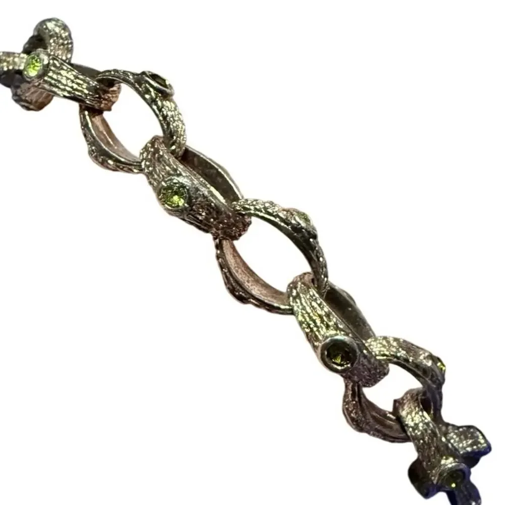 Vintage 1970s Brutalist Woodland Link Bracelet Green Rhinestones 8.5”